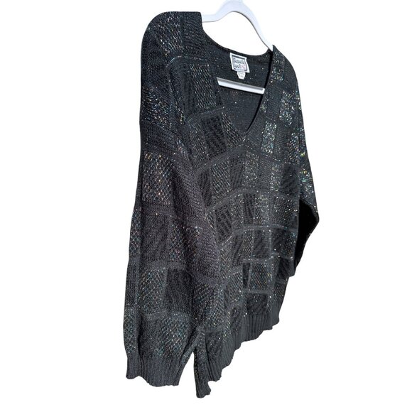 Vintage Black V-Neck Sweater Metallic Checkered Pattern - Picture 3 of 7
